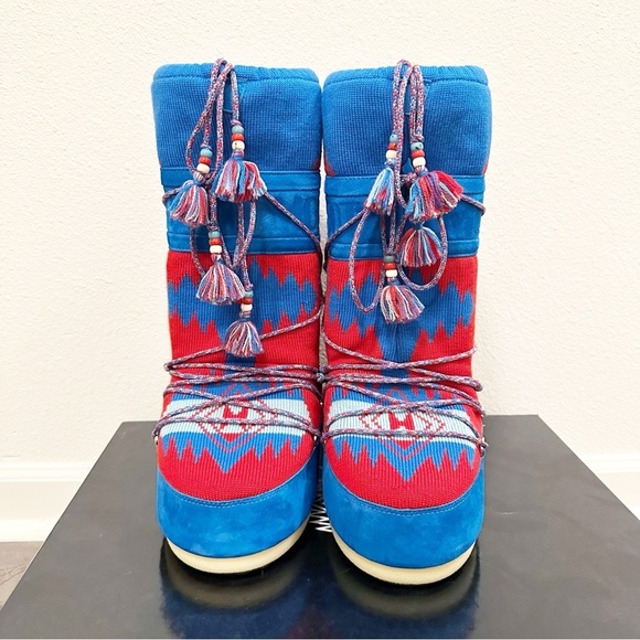 NEW ALANUI X MOON BOOT Icon Knit Jacquard Red Azure Wool Boots Size 8-9.5 - Picture 10 of 16
